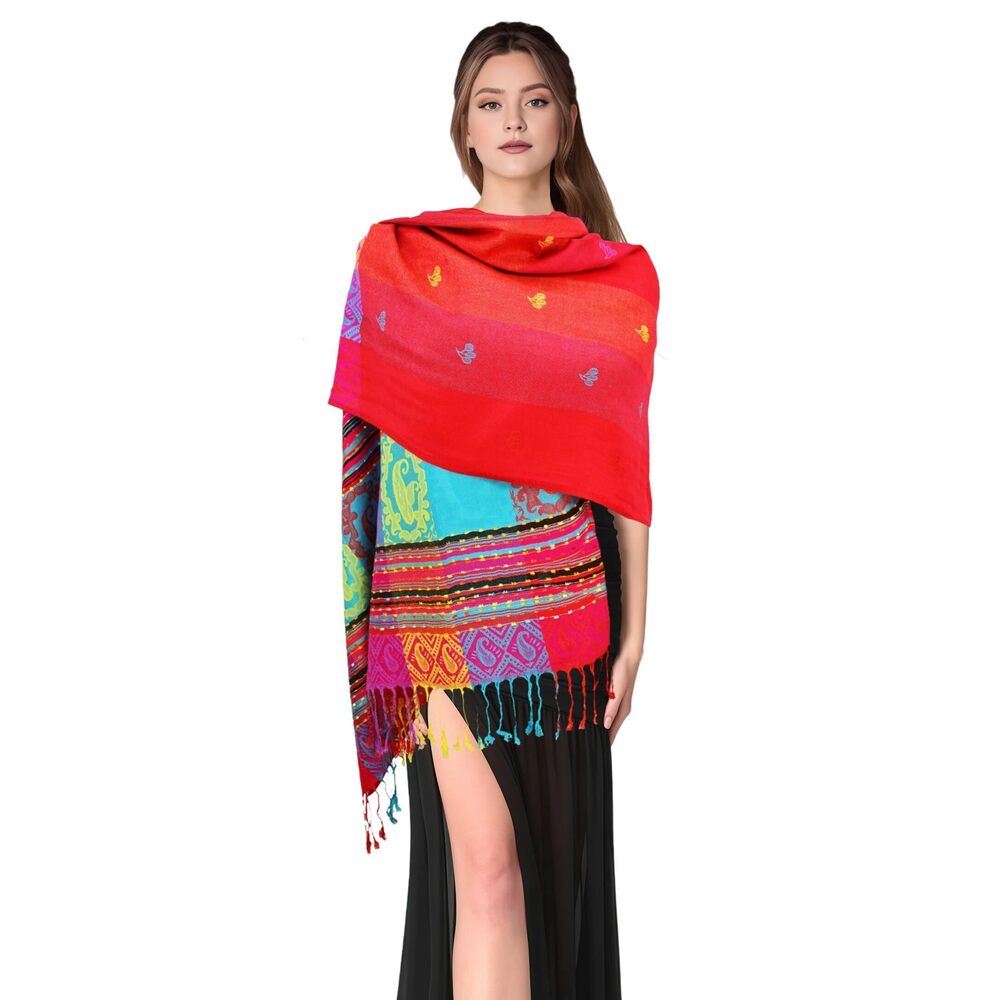 4635 Rainbow Reversible Pashmina Silky Tropical Colorful Exotic Wrap Shawl